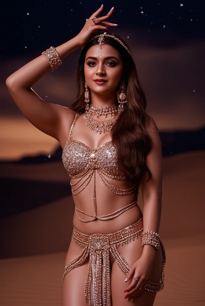 In the heart of the Sahara Desert, under a velvety canopy of stars twinkling like diamonds, (a stunning 40-year-old woman:1.5), stands in an enchanting pose that radiates allure and confidence. Her slim and athletic figure is draped in a luxurious, shimmering hot attire inspired by ancient apsara dancers, the fabric sparkling as it catches the faint light of the approaching dawn. The elaborate detailing of her short ensemble is accentuated by exquisite body jewelry that adorns her arms, waist, and legs, each piece catching the gentle glow and creating a mesmerizing interplay of reflections. She sports high-heeled, lace-studded stilettos that lengthen her legs, echoing elegance and power. Long, straight hair, expertly balayaged to blend rich browns and golden highlights, cascades down her back, billowing in the strong breeze that sweeps across the desert. The contrast of the dark horizon painted with strokes of reddish-orange hints at a waking world, while the atmosphere around her crackles with an air of sensuality and sophistication. Captured from multiple anglesâside, back, and frontâthe full-body shot reveals not only her striking beauty but also the intricate details of her luxurious jewelry: sparkling earrings glinting by her graceful neckline and delicate body chains that complement her alluring pose. The professional photography, presented in crisp, sharp 8K UHD HDR format, captures every nuance, from the elegance of her attire to the subtle flow of her hair, drawing the viewer into a moment that feels both intimate and grandiose. The serene sound of the desert breeze and the distant whispers of nature accompany this captivating scene, inviting one to immerse in the sheer luxury and sensuality on display.
(bokeh effect:1.5), (full-body shot:1.6), (ultrasharp image:2), (filmgrain:2)
apsaralook-style