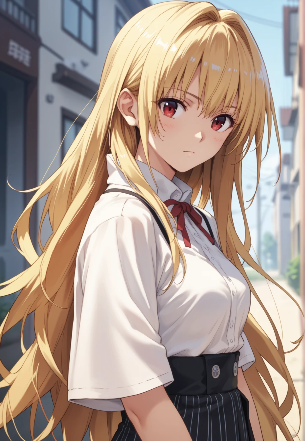 score_9, score_8_ up, score_7_ up,  source_ Anime Top Quality 、konjikinoyami ,  red eyes、 long hair, Blonde,  medium breasts 