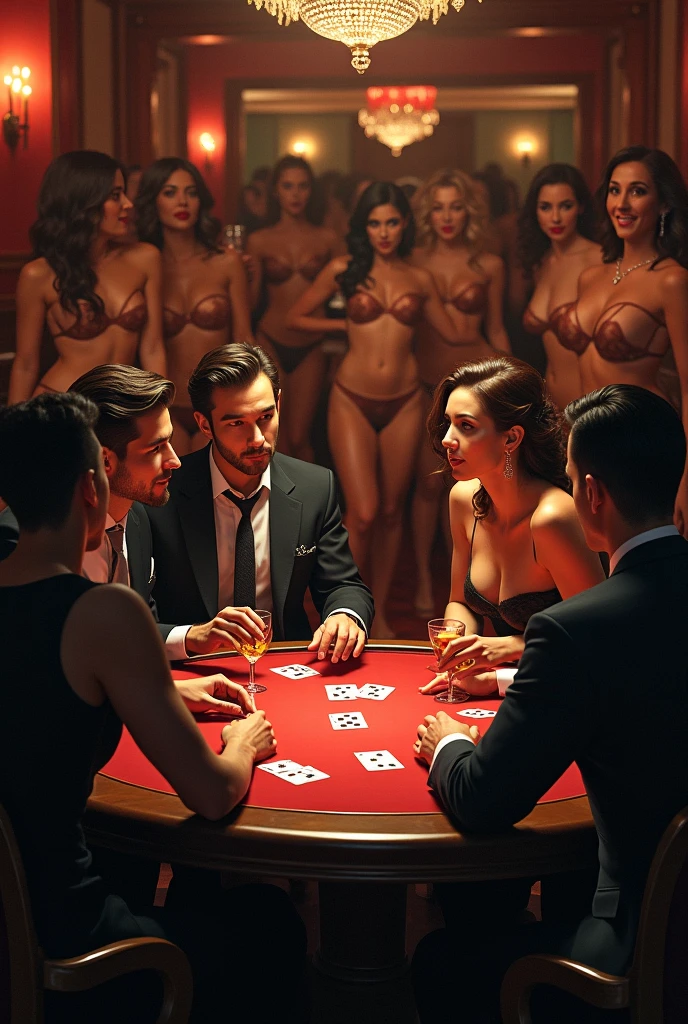 (photorealism:1.2), a group of fat men playing poker looking at a sexy curly brown hair woman in pink lace lingerie with black stocks standing, She takes off her bra and talks on the phone