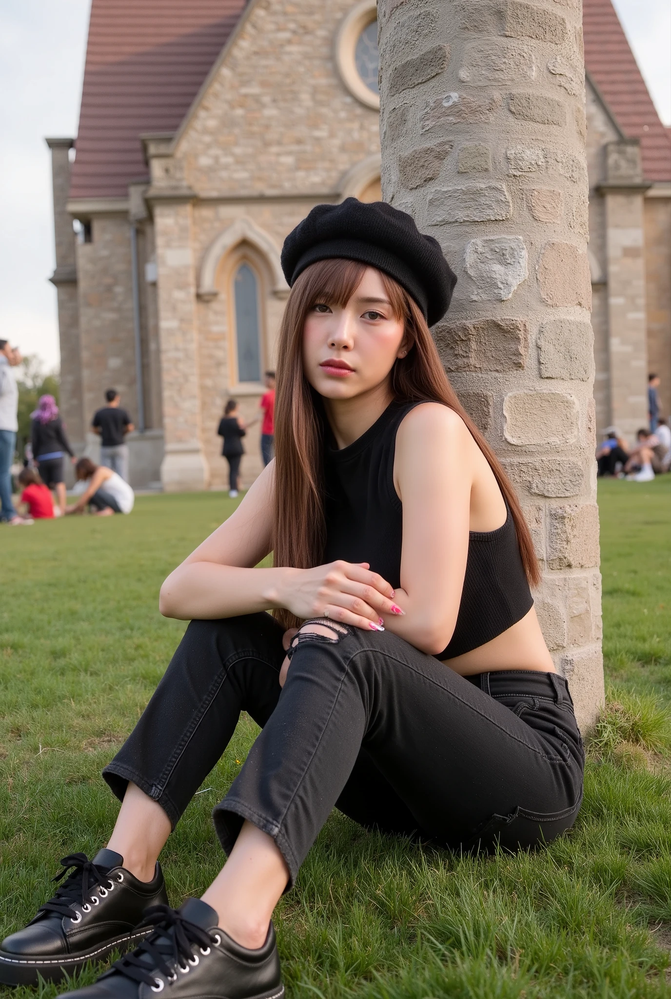 pinkpunk, there is a woman who is the focal point. She is seated on the grass, leaning against one of the pillars of a large cobblestone building with a triangular roof, which appears to be an old church or a similar architectural structure. The woman has long, straight brown hair. She is wearing a black knitted beret hat, a black sleeveless top, black denim pants with a distressed area at the knees, and black platform sneakers laced with white. The hairstyle is a side part with a middle part that extends over the shoulder, which adds to the stylish, casual yet confident look she is sporting.
The background shows a pleasant outdoor setting with several people sitting or standing at a distance, adding a social ambiance to the image. The lighting suggests it may be late afternoon or early evening, given the soft shadows and the warm natural light sources.
The overall style of the image is a portrait with a candid yet fashionable quality.
