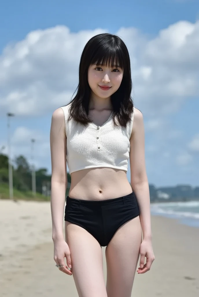   High Resolution Photos of Japanese Actresses  , (  realistic , photo-  realistic :1.2), (  best quality , Masterpiece),   RAW photos ,   intricate detail  ,   VERY DETAILED,   VERY DETAILEDな,   VERY DETAILEDな,    sharp concentration, ( full body,   Front Shot :1.4), {{x}}  camera staring , Alone,   1 girl ,   pose for sensual photos,   sensual pose , (  micro bikini, Sandals:1.4),   Big Breasts ,   black hair,   old man hugging a woman from behind , (  detail face ,  Beautiful detailed eyes that can be seen from inside a train,  beautiful dark brown eyes  ,  A sophisticated nose  ), ( standing on sandy beach,),   Complete anatomy, perfect hand, Photo Backdrop  ,  outdoor,  sandy beach, Blue sky and clouds,

