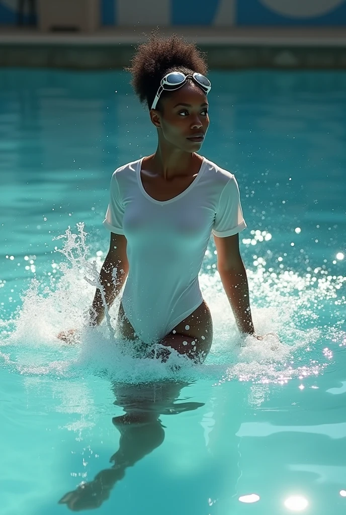 a woman in a white bodysuit standing in a body of water, loba andrade from apex legends, beautiful city black woman only, full photo, curves!!, in the forest, tessa thompson inspired, dripping wet, athletic body build, edmonia lewis, desirable