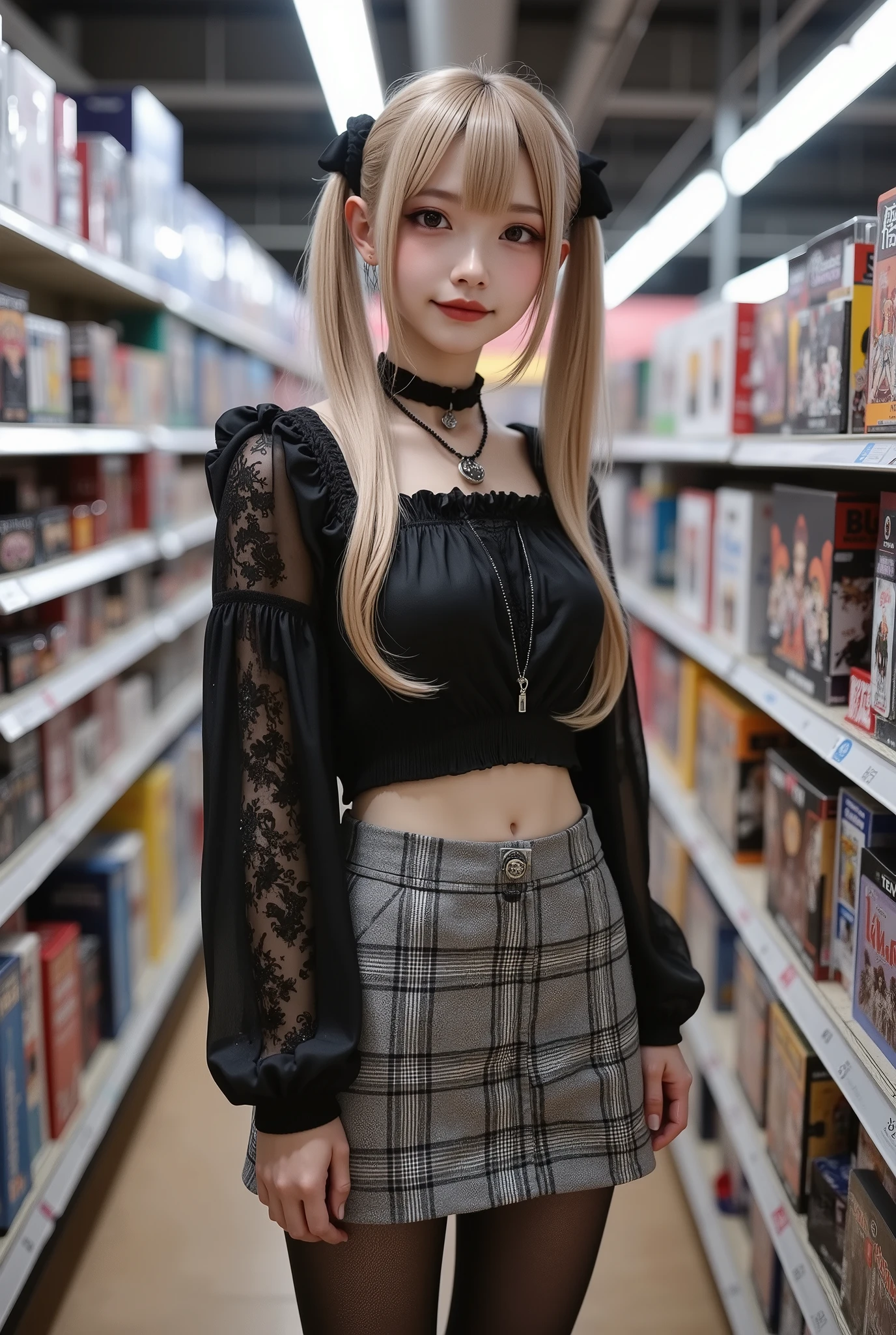 ultra-realistic, photorealistic, dramatic scene, shadow, global-illumination, solo, 1  girl\(teenage mexican gothic girl, fragile teen girl, very beautiful with very cute face, very large breasts, slim waist, blonde twintails,  ribbon, checked mini skirt, hair accessories, choker, many kind of metal accessories, wearing dark navy tights, smile\),  (She is shopping in anime merchandise store in Walmart), very cute gothic furnishings and comics and anime figures