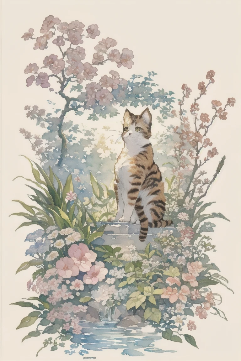 Painting of kitten catching butterfly in garden, cat close-up, detailed cat, high detail, Chinese brush illustration, Chinese painting style, Chinese traditional painting, Chinese traditional ink painting, Chinese style painting, Chinese watercolor style, Chinese ink painting, beautiful artwork illustration, inspired by Xiao Yuncong, Chinese traditional art, Chinese painting, Zhongyuan Festival, inspired by Wang Yuanqi