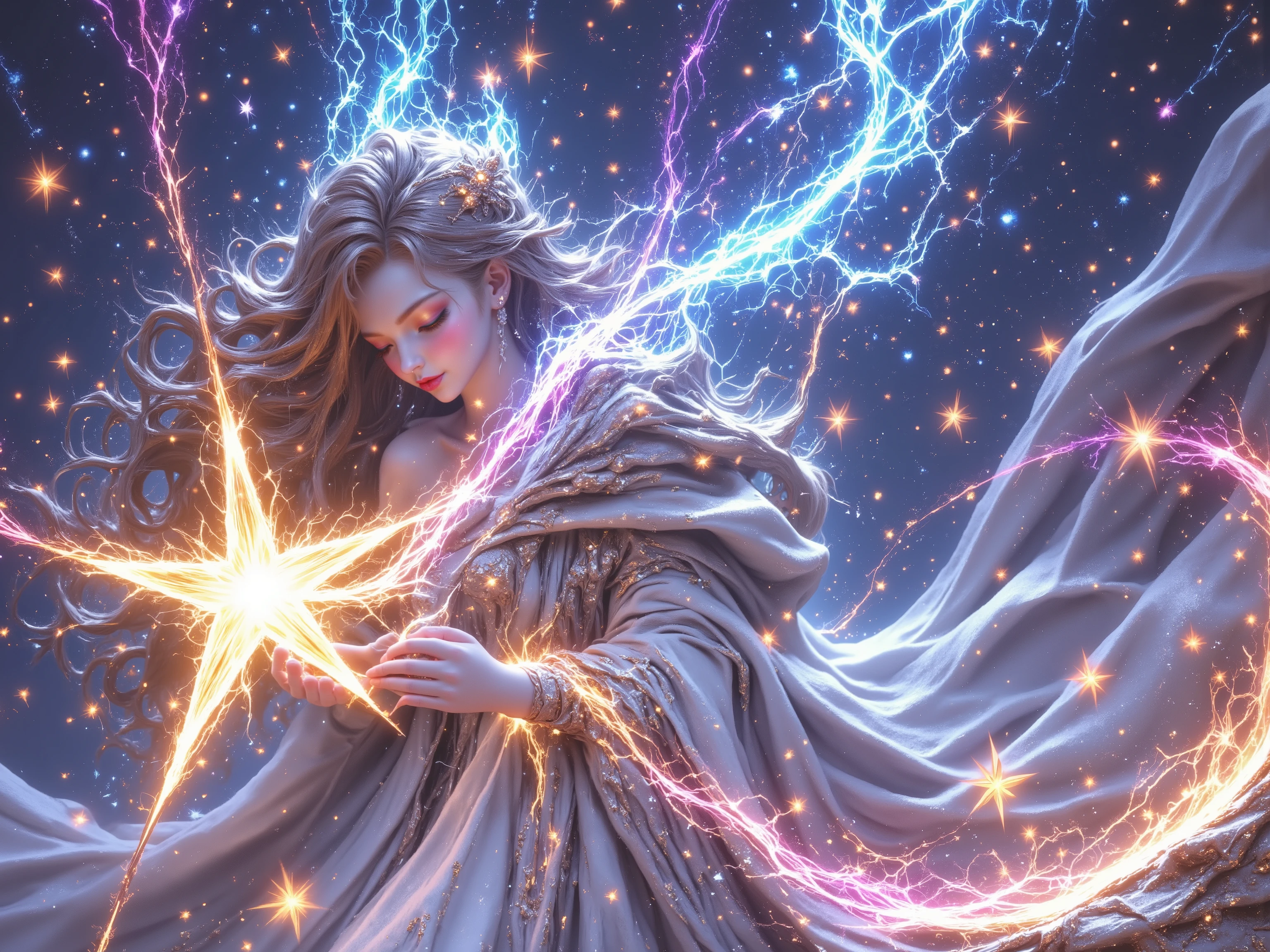 A stunning 3D-rendered scene featuring a shooting star with long, ethereal trails across a vibrant, otherworldly night sky. A whimsical, cartoon-style girl rides the shooting star, her expression joyful and full of wonder. The composition is hyper-detailed and visually striking, evoking a sense of awe and magic. The design is reminiscent of award-winning art, with exaggerated caricature elements adding charm and a "wow" factor to the breathtaking celestial landscape.