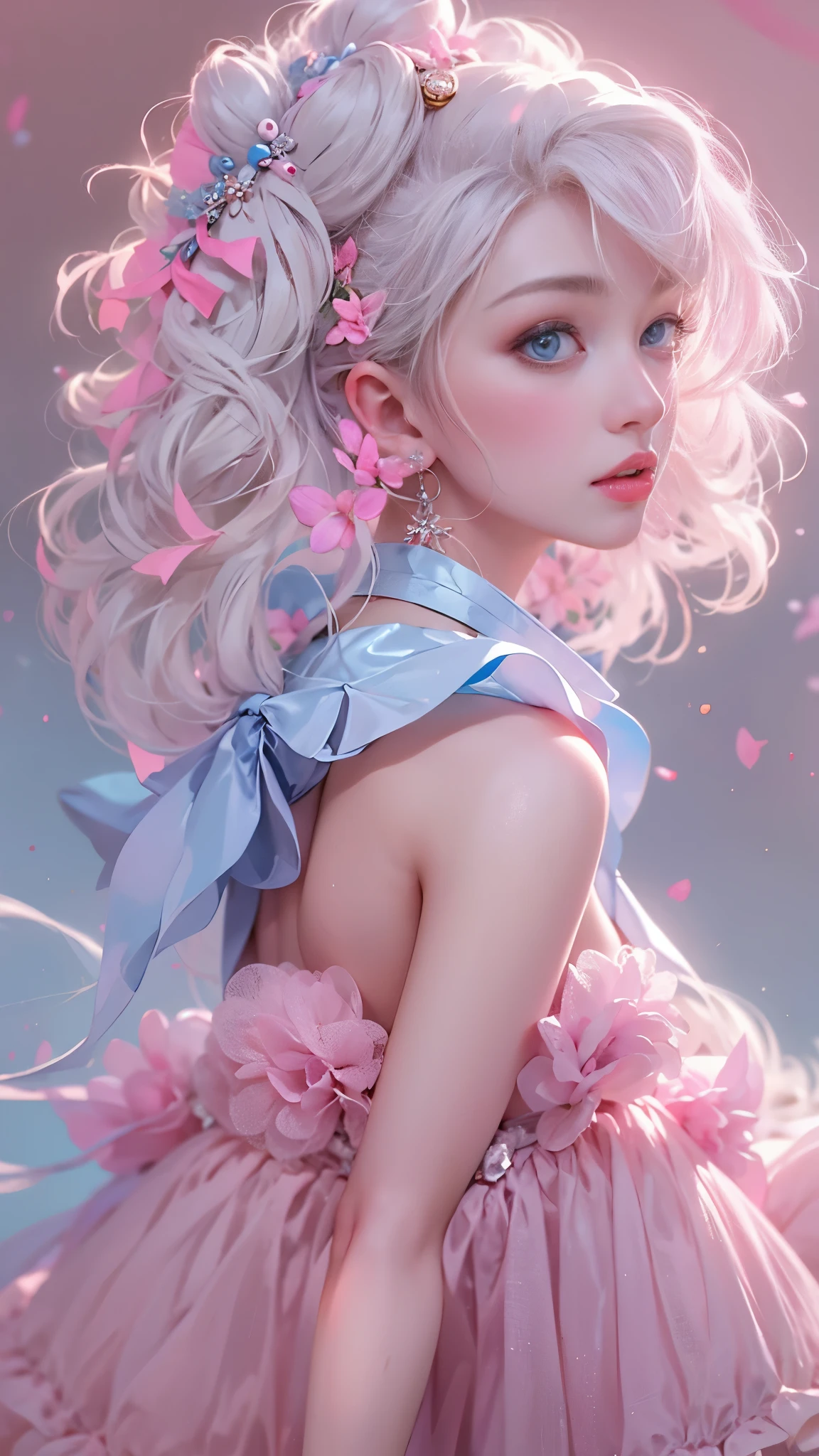 Anime girl with pink hair and blue eyes wearing a pink dress - SeaArt AI
