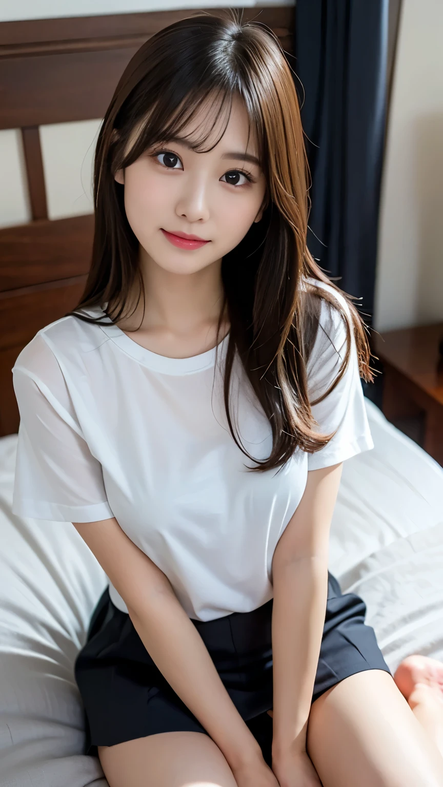 A girl prefect body brown hair and he white skin pretty eyes are long brown hair white shot shirt and short sitting on bed white sexy