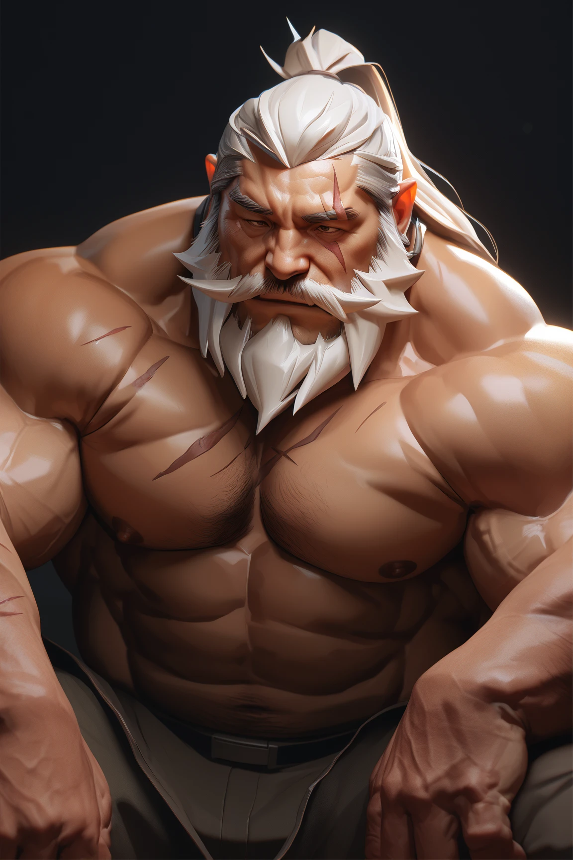 Giant 80 years old man, absurdly huge bulge, giant growing more and more, giantic, colossal, muscle domination, macrophilia, sexy, briefs, thick gray beard, white hair, long gray hair, broad shoulders, blue eyes, bushy gray eyebrows, vascular, ((very dark skin)), (black skin), very sweaty, huge belly, dark olive skin color, tanned skin, thick thighs, very thick arms, large , smirk, enormous nose, nose is very pointy, old man with sharp eagle like nose, large nostrils visable, sharp hooked nose, absurdly huge nose, romantic, blushing, veiny hands, photorealistic, romantic, looking at viewer, from below, steaming body, sweaty body , steam, on all fours on beach, wet