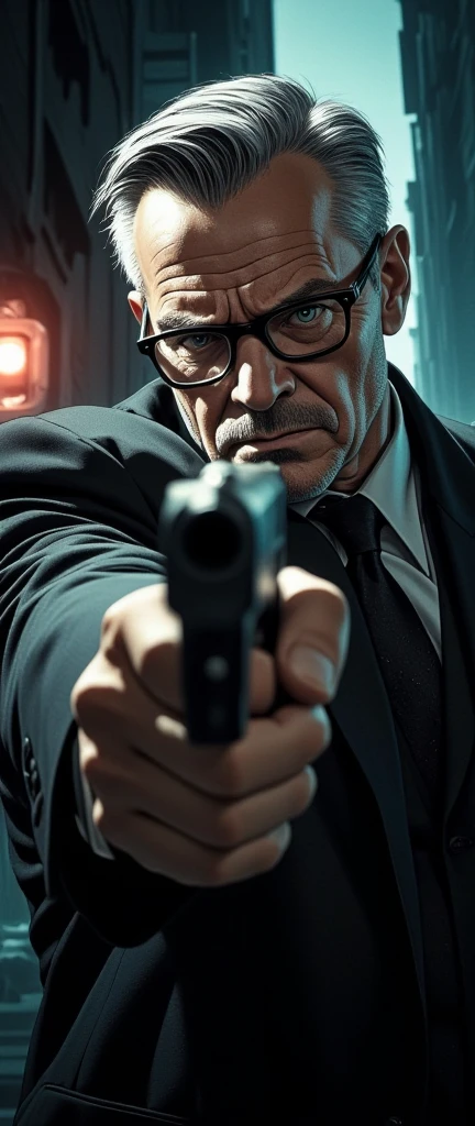 A man with glasses holding a gun