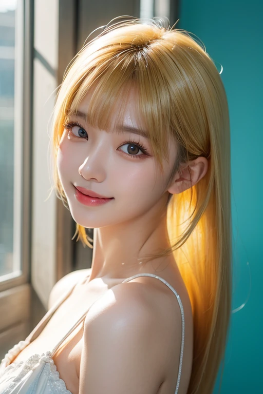 Here is the photorealistic masterpiece prompt:
A stunning 1girl in a yellow hue, posing with super long hair and huge breasts, wearing a bright red school swimsuit with shiny latex details. Her eyes are like pools of gold, shining bright under studio lightning. The skin texture is authentic and hyper-realistic, with fresh and clean appearance. She has highly detailed eyes and face, with vivid orange-red lips. Her blonde twintails flow down her back like a golden waterfall, framing her photorealistic features. The background is a solid yellow backdrop, mimicking the large aperture of f/1.4 on an AR 9:16 setup. The overall effect is a raw photo that looks like it was taken with a camera setting to capture every detail in high resolution. The girl's expression is playful and flirty, with a slight smile playing on her lips.