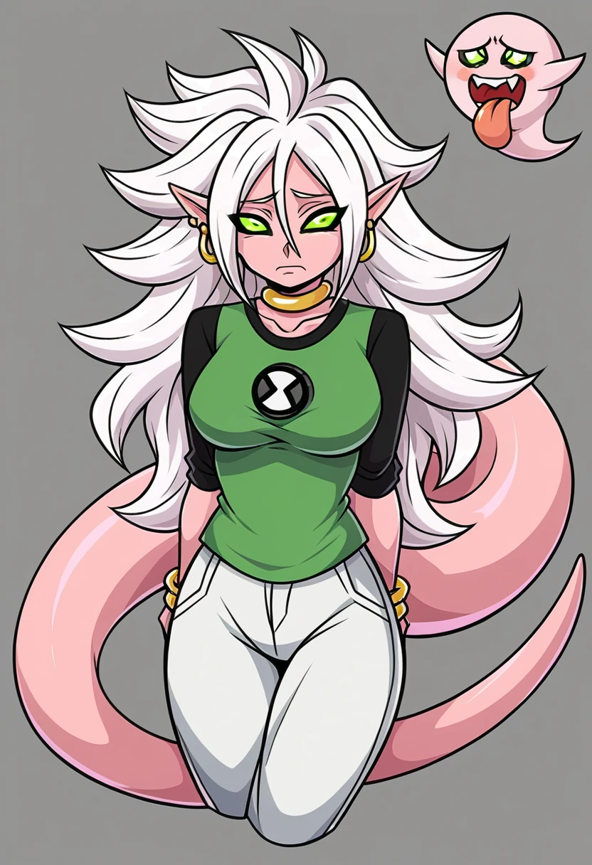 score_9_up, android 21, majin, pink skin, pointy ears, Majin eyes, green eyes,  Long hair , white hair, majin tail, shirt, longshirt, green shirt, Big boobs, busty, boo eyes, majin pants, ben10, insignia, majin eyes