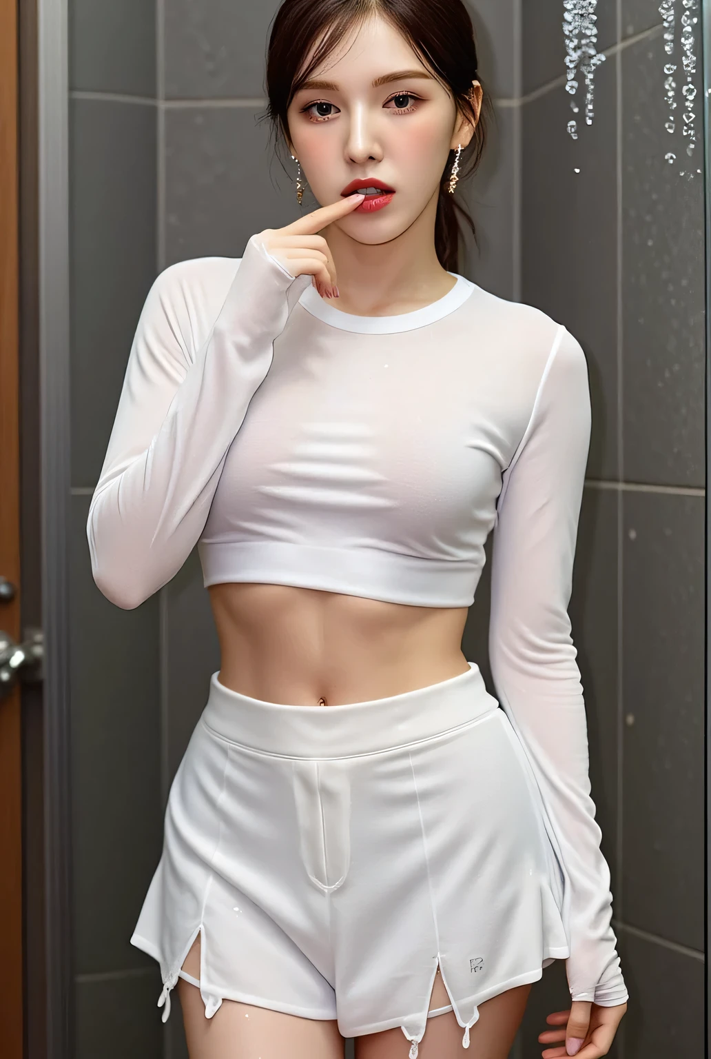  A 20-year-old woman , stand, full body view,  showering, whole body and wet clothes ,  using a white long sleeve tight t-shirt , white pleated skirt bottoms, use a tight hijab of white color up to the neck, dark red lips ,  lips biting fingers with seductive expressions,