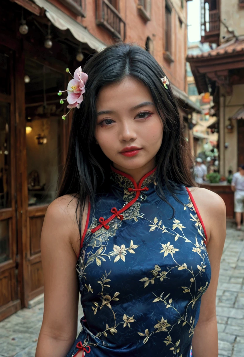 1 girl, upper body,fashion girl,Chinese dress,Chinese clothing, hair flower ,( masterpiece:1.4),( Better Quality:1.4),( shiny skin ),Red lips, looking at the spectator, big bosom ,She opened her lips 