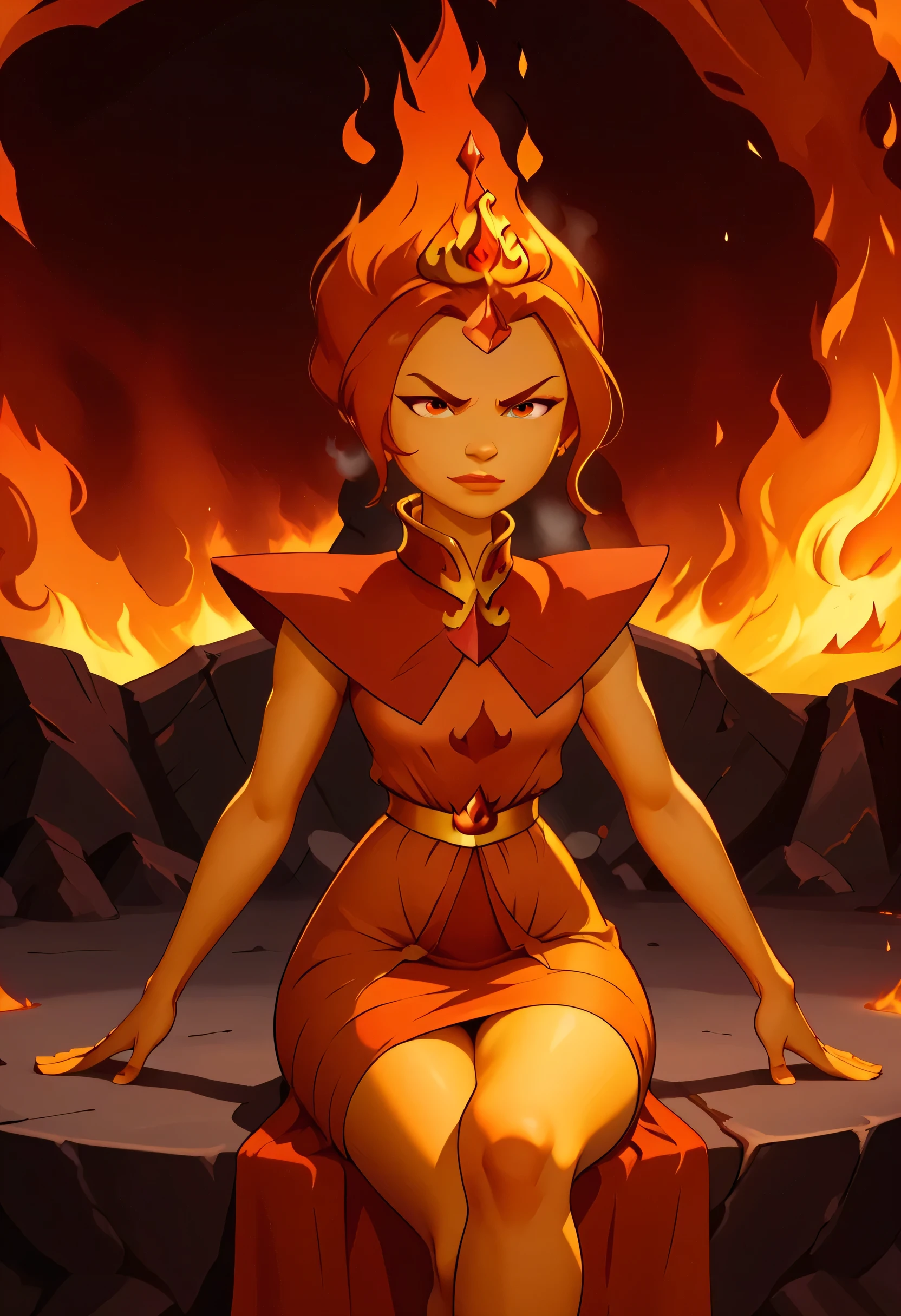 semi-realistic, A gleaming ruby throne with a being that looks like a alluring fire elemental woman on it. There's what looks like molten lava surrounding the throne and her lower and upper body looks like fire. Unity Render, Unreal Engine 5, Aesthetically-pleasing, Amalgamated Crossover character, combined, fused persona, Azula Looks like Flame Princess, Flame Princess Looks like Azula, Amalgamation character, solo, female, perfect face, Forehead Jewel, attractive face, short hair made of fire, Azula's hairstyle, Tiara, top bun made of fire, ornate clothing, from the Fire Nation, Avatar: The Last Airbender art style, Adventure Time art style, collaboration art style, commissioned fanart, character artwork, focus on character, epic inside of a volcano-themed background (with swirled flames), concept art, crossover artwork, white outline, black outline, double outlines, heavily outlines, perfect coloration, detailed hands, firm fingers, mouthing the words "come here", plenty of fire magic, orange flames, body made of flames, cocky facial-expression, slight smirk, come hither expression and pose, flame skin, skin made entirely of flames and fire, serious look, inspired by Ember, fire elemental, Princess of flames and ruin, fine detail, creative crossover artwork, flame effects, fire effects, surround by flames, flame and fire aura, determined and sensual eyes, focus on making very-detailed face and eyes, eye symmetry, face symmetry, epic scene, fire and flames in the background, humanoid, monster girl, flame elemental, sexy, alluring, sultry lips, sexy MILF, large breasts, heavy-hanging breasts, full supple breasts, nipple outline visible, Wings made of flames, runic, glowing runes on the throne, sitting, crossed legs, sexy legs, one leg out, dress with a side-slit, Outer Glow, and Drop Shadow