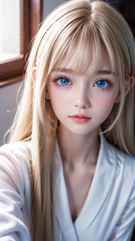 True Photo Quality、A beautiful girl、Extraordinary sexy beauty、Beautiful calm and bright expression、Sexy refreshing look、Perfect beautiful pretty face with bangs、Bangs between the eyes、Super long blonde straight silky hair、blonde on a beautiful face、Very cute beautiful sexy young little woman、Very perfect beautiful cute face、Beautiful, shining, very bright sky blue eyes、Very big eyes、Hair above the eyes、片Hair above the eyes、Hair between the eyes、Very radiant white skin、Cheek gloss、Small Face Beauty、round face