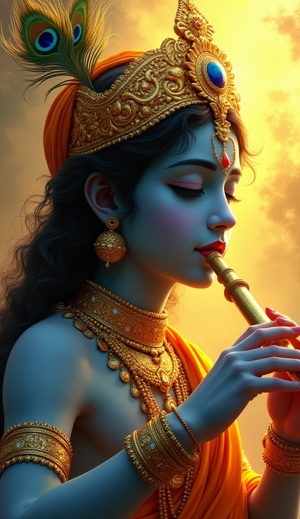 Create an intricate, hyper-realistic image of Lord Krishna playing the flute. The scene should be bathed in golden light, highlighting the divine and ethereal atmosphere. Krishna's skin is a deep blue, and he is adorned with traditional golden jewelry and a golden crown with peacock feathers. His eyes are closed, and his expression is serene, reflecting his connection with the divine. The background should have a mix of warm and cool tones, with abstract brushstrokes blending seamlessly into the golden light, adding a sense of movement and divinity to the scene. Focus on capturing the delicate details of Krishna's features, his flute, and the rich textures of his clothing and jewelry.