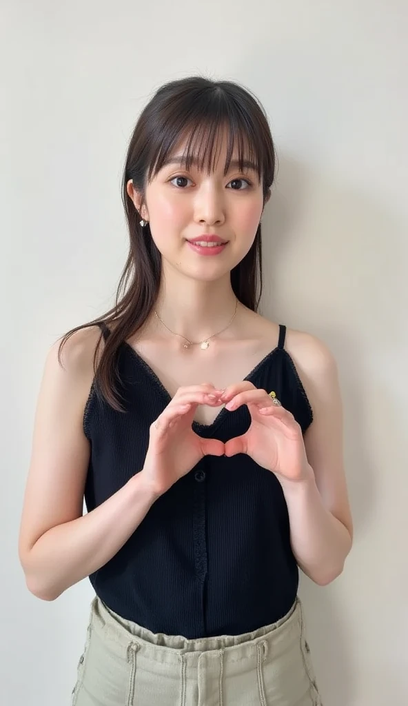      Wear an attractive camisole and pose with your hands in the shape of a heart in front of your chest、  Cute Smile Up、  The background is plain、  HD、細部にわたって HD 