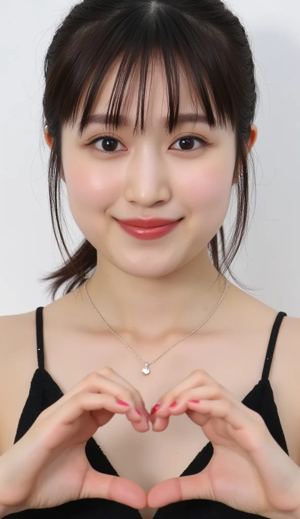      Wear an attractive camisole and pose with your hands in the shape of a heart in front of your chest、  Cute Smile Up、  The background is plain、  HD、細部にわたって HD 