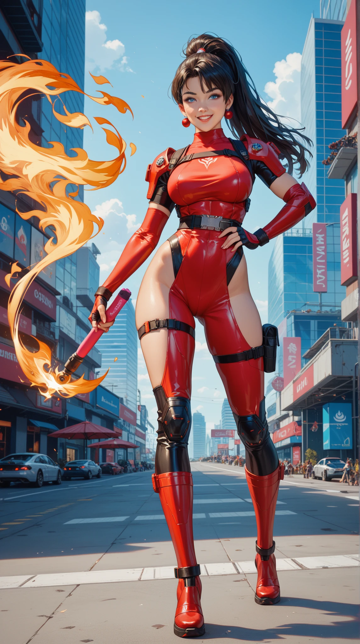 arafed poster of a woman in a leather outfit holding a gun, tokusatsu movie poster , movie poster painting, japanese vhs cover art, vibrant and bold pop art with high contrast colors, dynamic composition, and exaggerated details