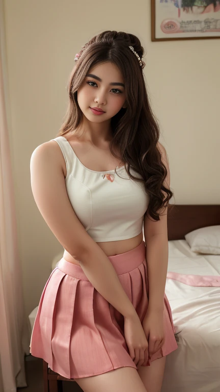 (masterpiece, 高いest quality:1.2), 8k, Official Art, RAW Photos, Unbelievably absurd, (White shirt with short sleeves)、Pleated skirt:1.4), A stunningly beautiful 15-year-old high school girl, ((both handsでスカートを持って))、驚くほどかわいいsmile, 、smile、 (Pleated skirt:1.1), close, , Short sleeve, smileで聴衆を見てください, No makeup, Film Grain, chromatic aberration, Sharp focus, Face Light, Dynamic Lighting, Cinema Lighting, Detailed eyes and face,Wavy inward curl hairstyle、(((White skin)))、Bright bedroom、super slim t高いs、((Lace-trimmed realistic panties、Beautiful crotch))、((((both hands)))),((((Looks very young:1.3))))、(Very young and big boobs)、Sparkling eyes、Lip gloss、((Mekosuji))、((Moriman))