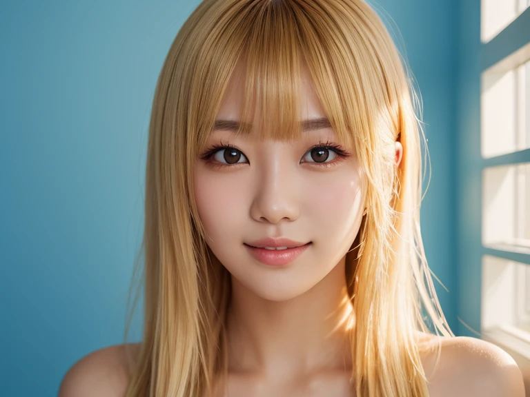 gyaru, dark-skinned, shiny oiled skin, blond hair, face close up, simple background