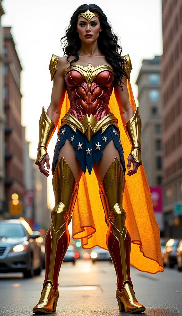 (Muscular:1.9), (thick thighs:1.2), (large round breasts:1), (large muscular chest and shoulders:1.1), FEMALE, brown hair, long brown hair, (big smile:0), (wearing tight Batwoman costume and high heels:1.5), looking at viewer, (three quarter view:1.3), upper body view, (city:1.5), detailed skin, detailed eyes, (clean skin:1.5), (very thin waist:1.3), (huge body muscles:1.8), (one protagonist:1.5), (arms crossed pose:1.6)