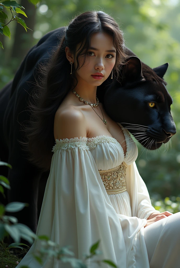 A gorgeous asian girl, lay down on the big giant  black panther,