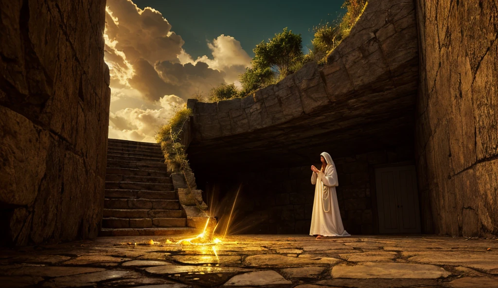 An ultra-realistic and cinematic scene, with Jesus wearing a veil on his head, looking like a heavenly angel, descending from heaven on a golden staircase. Beside the staircase, his 12 disciples are in a prayer position, in a more distant shot from the camera, with expressions of reverence and adoration. Jesus is blessing with a shower of giant gold coins and gold bars falling around him, symbolizing a divine blessing of prosperity. The lighting is heavenly, with a soft, divine light illuminating the scene, emanating from the clouds in the background, creating a contrast between the heavenly light and the deep shadows around it. The clouds are voluminous and dramatic, adding to the grandeur of the scene. The image should have a hyper-realistic quality, with sharp details and a cinematic feel that evokes a grandiose visual experience.