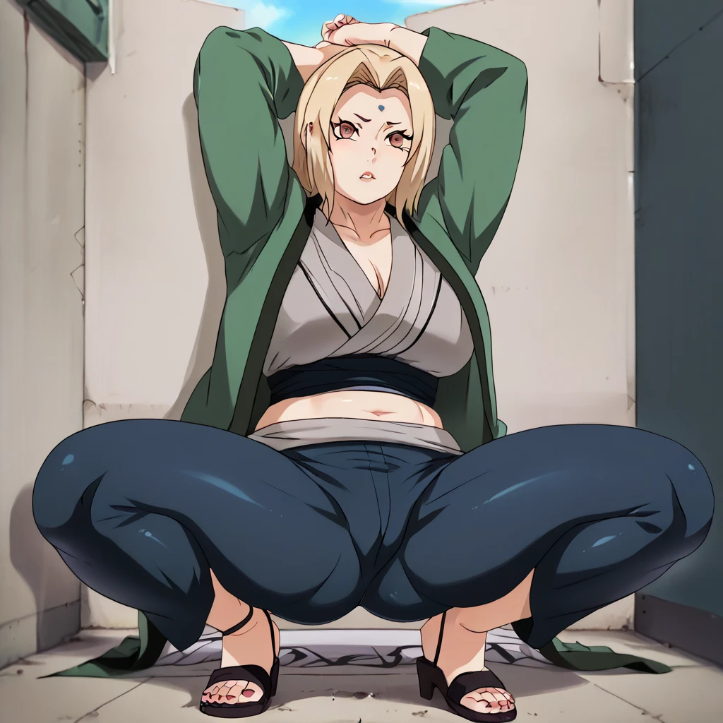 nsfw, Tsunade,  sexy blonde , two bones ,  brown eye , kimono, серое kimono без рукавов, navel,  big breasts,  big ass, blue trousers,  brown eye ,  In a well-lit alley, hands up, stretching,  pubic hair , Under the Hair,  squat,  squatting , sitting,  spread her legs , sit,  spread her legs , moisture between the legs, juice between legs,  genital juice between rut , in shoes,  sandals ,  sandals и, 