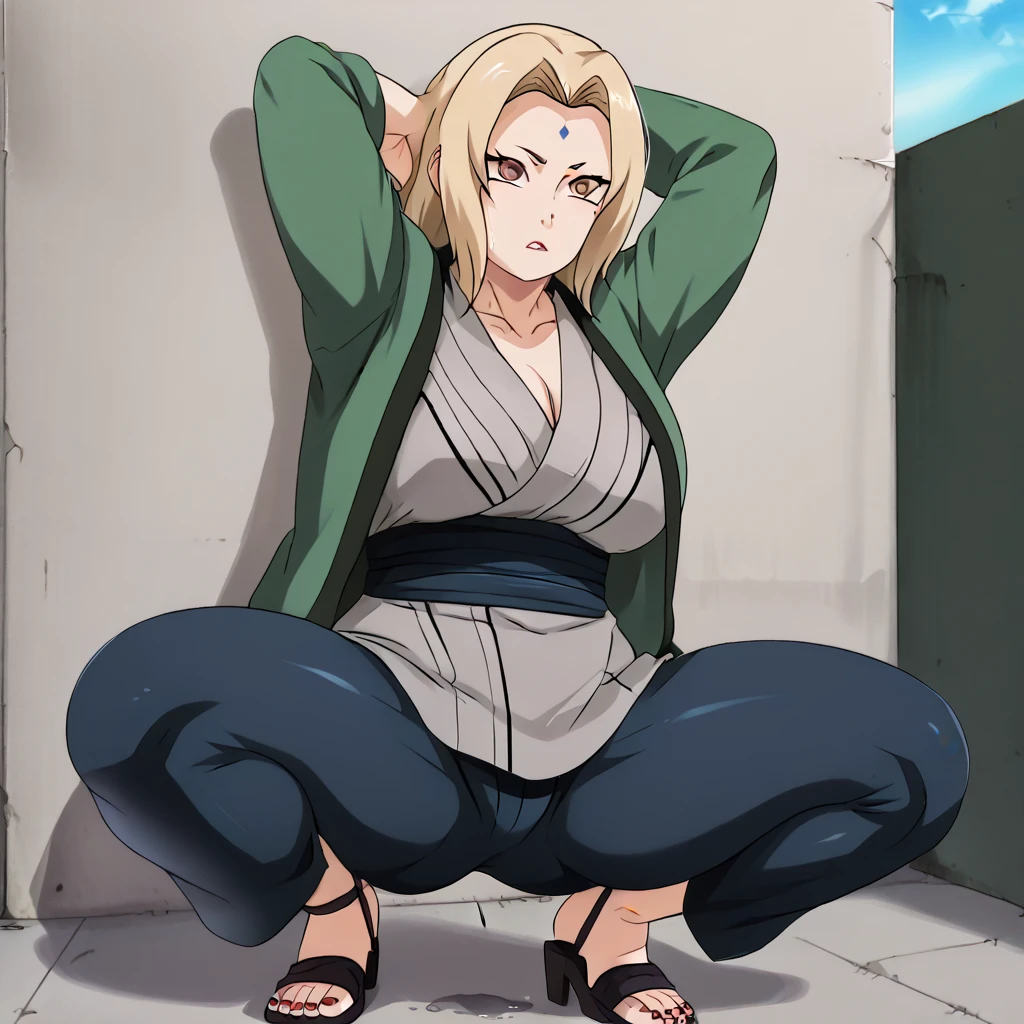 nsfw, Tsunade,  sexy blonde , two bones ,  brown eye , kimono, серое kimono без рукавов, navel,  big breasts,  big ass, blue trousers,  brown eye ,  In a well-lit alley, hands up, stretching,  pubic hair , Under the Hair,  squat,  squatting , sitting,  spread her legs , sit,  spread her legs , moisture between the legs, juice between legs,  genital juice between rut , in shoes,  sandals ,  sandals и, 