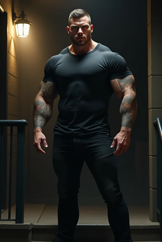 handsome man ohwx, ohwx man, alan ritchson, muscular full body, veins, bodybuilder, beard, shirtless, high definition, highly detailed. (((Black jeans))), big bulge