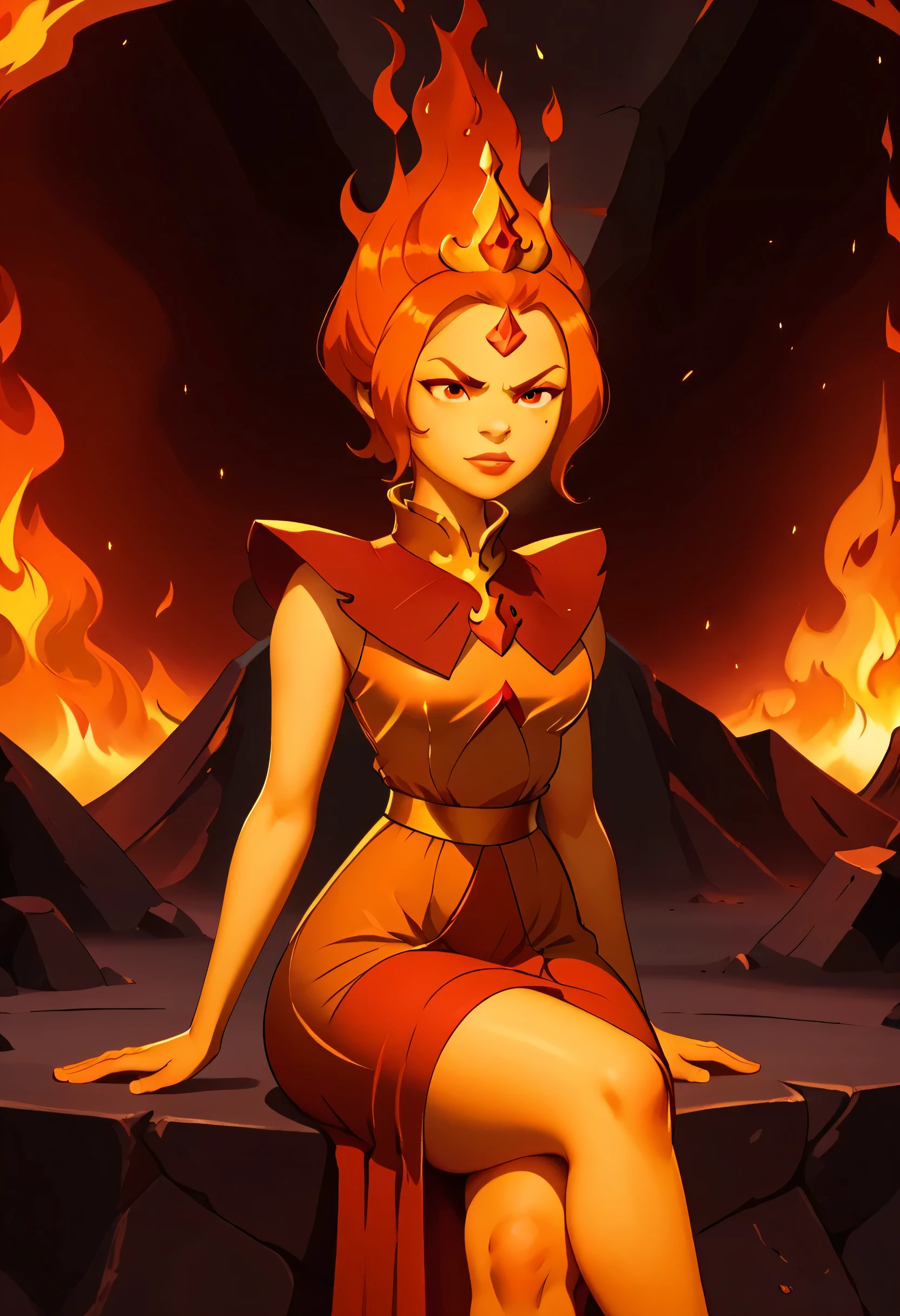 semi-realistic, A gleaming ruby or stony throne with a being that looks like a alluring fire elemental woman on it. There's what looks like molten lava surrounding the throne and her lower and upper body looks like fire. Unity Render, Unreal Engine 5, Aesthetically-pleasing, Amalgamated Crossover character, combined, fused persona, Azula Looks like Flame Princess, Flame Princess Looks like Azula, Amalgamation character, solo, female, perfect face, Forehead Jewel, attractive face, short hair made of fire, Azula's hairstyle, Tiara, top bun made of fire, ornate clothing, from the Fire Nation, Avatar: The Last Airbender art style, Adventure Time art style, collaboration art style, commissioned fanart, character artwork, focus on character, epic inside of a volcano-themed background (with swirled flames), concept art, crossover artwork, white outline, black outline, double outlines, heavily outlines, perfect coloration, detailed hands, firm fingers, mouthing the words "come here", plenty of fire magic, orange flames, body made of flames, cocky facial-expression, slight smirk, come hither expression and pose, flame skin, skin made entirely of flames and fire, serious look, inspired by Ember, fire elemental, Princess of flames and ruin, fine detail, creative crossover artwork, flame effects, fire effects, surround by flames, flame and fire aura, determined and sensual eyes, focus on making very-detailed face and eyes, eye symmetry, face symmetry, epic scene, fire and flames in the background, humanoid, monster girl, flame elemental, sexy, alluring, sultry lips, sexy MILF, large breasts, heavy-hanging breasts, full supple breasts, nipple outline visible, Wings made of flames, runic, glowing runes on the throne, sitting, crossed legs, sexy legs, one leg out, dress with a side-slit, Outer Glow, and Drop Shadow, dramatic shadows, cinematic, Movie_quality, 