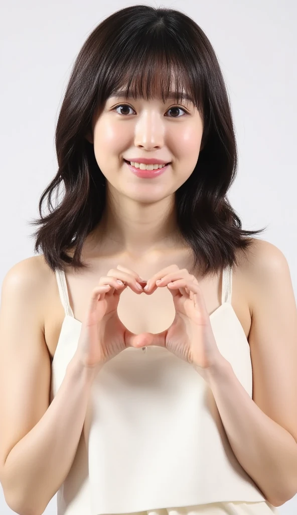      Wear an attractive camisole and pose with your hands in the shape of a heart in front of your chest、  Cute Smile Up、  The background is plain、  HD、細部にわたって HD 