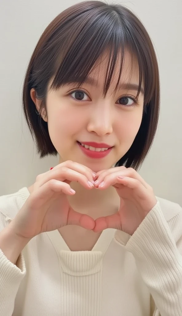      Wear an attractive camisole and pose with your hands in the shape of a heart in front of your chest、  Cute Smile Up、  The background is plain、  HD、細部にわたって HD 