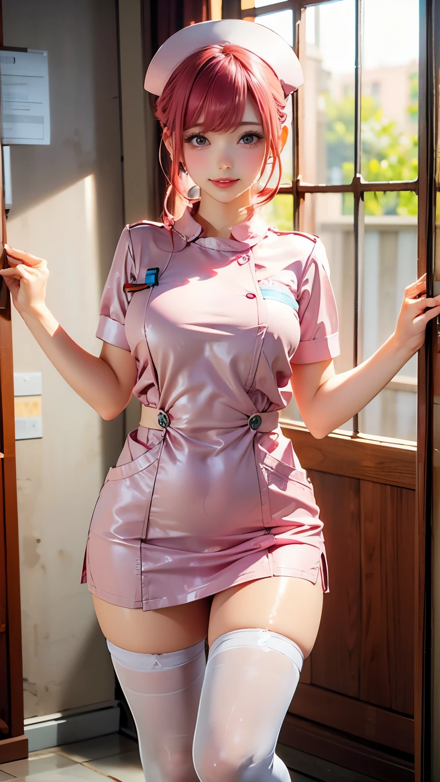 Masterpiece, best quality , High Resolution , pink uniform、 high school girl、 Miniskirt 、 over knee high socks、smile、 、Plump body、 plump thighs 、 plump breasts 、Lure、 pink hair、Clothes that fit the body、Nurse uniform、Perfect limbs、 anatomically correct body、gloss、Wet body、