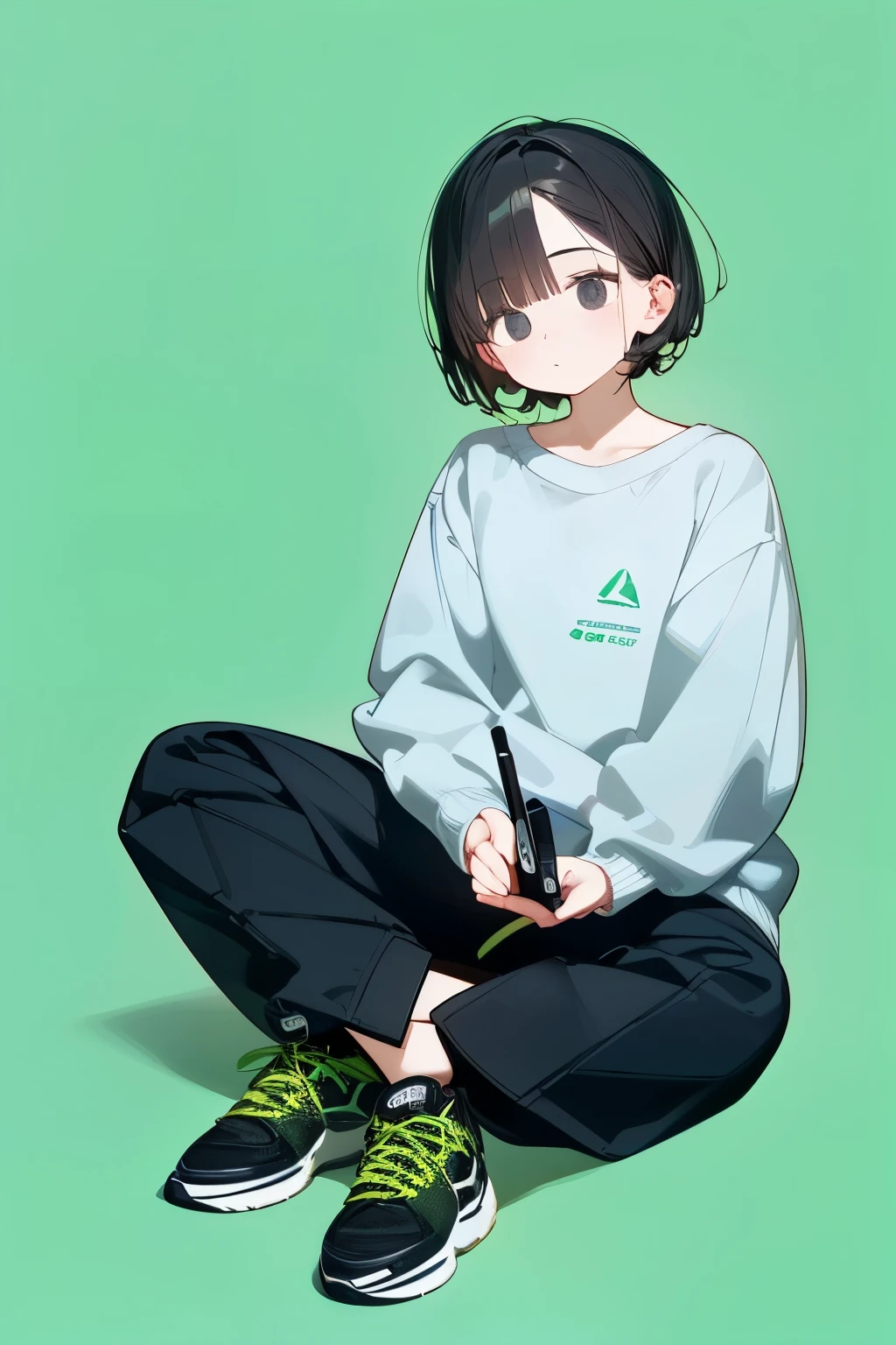chico， Full body ，Lonely， short black hair ， slightly curly hair ， Green sweatshirt ，long sleeve， black eyes ， Best quality simple background.,  Excellent quality,  very aesthetic, absurdo, Sitting on a tablet