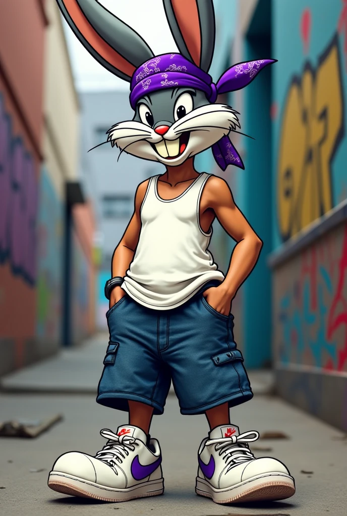 Cholo Rabbit Bugs Cholo wearing Nike sneakers and a purple bandana - SeaArt AI