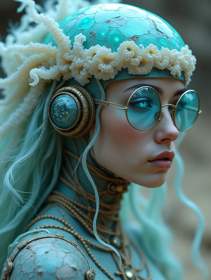 Ethereal Cyborg Woman, bioluminescent jellyfish tiara.  Steampunk glasses fuse with translucent tentacles . Cracked porcelain skin meets iridescent scales. Mechanical implants and delicate tendrils intertwine. Human characteristics with an otherworldly glow.  Dreamlike aquatic tones contrast with aged metal . Reflective eyes capture invisible worlds.  Soft bioluminescence meets a harsh desert setting. Fusion of organic and synthetic, ancient and futuristic.  hyper-detailed textures , atmosfera surreal.