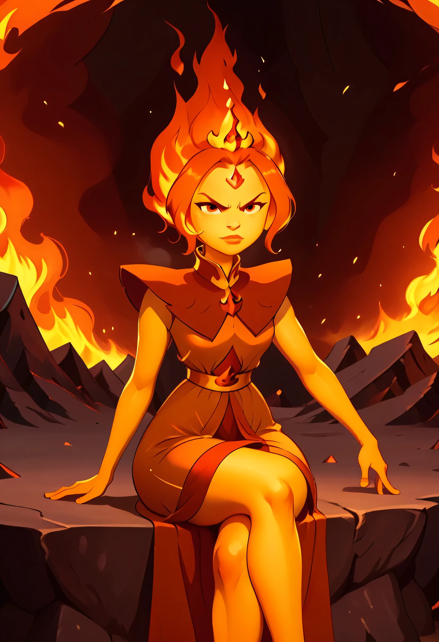 semi-realistic, A gleaming ruby or stony throne with a being that looks like a alluring fire elemental woman on it. There's what looks like molten lava surrounding the throne and her lower and upper body looks like fire. Unity Render, Unreal Engine 5, Aesthetically-pleasing, Amalgamated Crossover character, combined, fused persona, Azula Looks like Flame Princess, Flame Princess Looks like Azula, Amalgamation character, solo, female, perfect face, Forehead Jewel, attractive face, short hair made of fire, Azula's hairstyle, Tiara, top bun made of fire, ornate clothing, from the Fire Nation, Avatar: The Last Airbender art style, Adventure Time art style, collaboration art style, commissioned fanart, character artwork, focus on character, epic inside of a volcano-themed background (with swirled flames), concept art, crossover artwork, white outline, black outline, double outlines, heavily outlines, perfect coloration, detailed hands, firm fingers, mouthing the words "come here", plenty of fire magic, orange flames, body made of flames, cocky facial-expression, slight smirk, come hither expression and pose, flame skin, skin made entirely of flames and fire, serious look, inspired by Ember, fire elemental, Princess of flames, fine detail, creative crossover artwork, flame effects, fire effects, surround by flames, flame and fire aura, determined and sensual eyes, focus on making very-detailed face and eyes, eye symmetry, face symmetry, epic scene, fire and flames in the background, humanoid, monster girl, flame elemental, sexy, alluring, sultry lips, sexy MILF, large breasts, heavy-hanging breasts, full supple breasts, nipple outline visible, Wings made of flames, runic, glowing runes on the throne, sitting, crossed legs, sexy legs, one leg out, dress with a side-slit, Outer Glow, and Drop Shadow, dramatic shadows, cinematic, high-budget movie_quality,, top-rated, top-tier artwork, score 9 and up, score 8 and up, made by artists who are the masters of their craft.