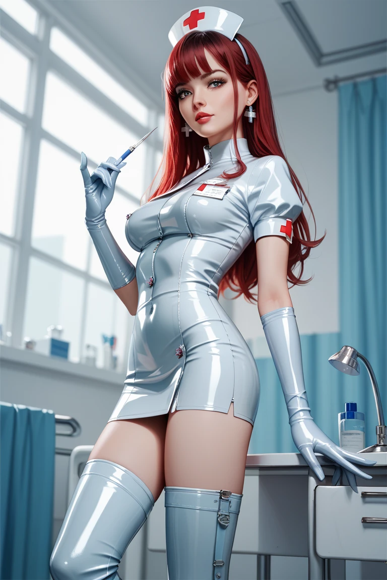 hospital, latex nurse suit,nurse,busty,gloves,labcoat,ginger hair woman, black eyes , gigantic boobs ,medical instruments,asian nurse,two nurses,speculum,examination room,oversize boobs,mask ,big ass ,strap on