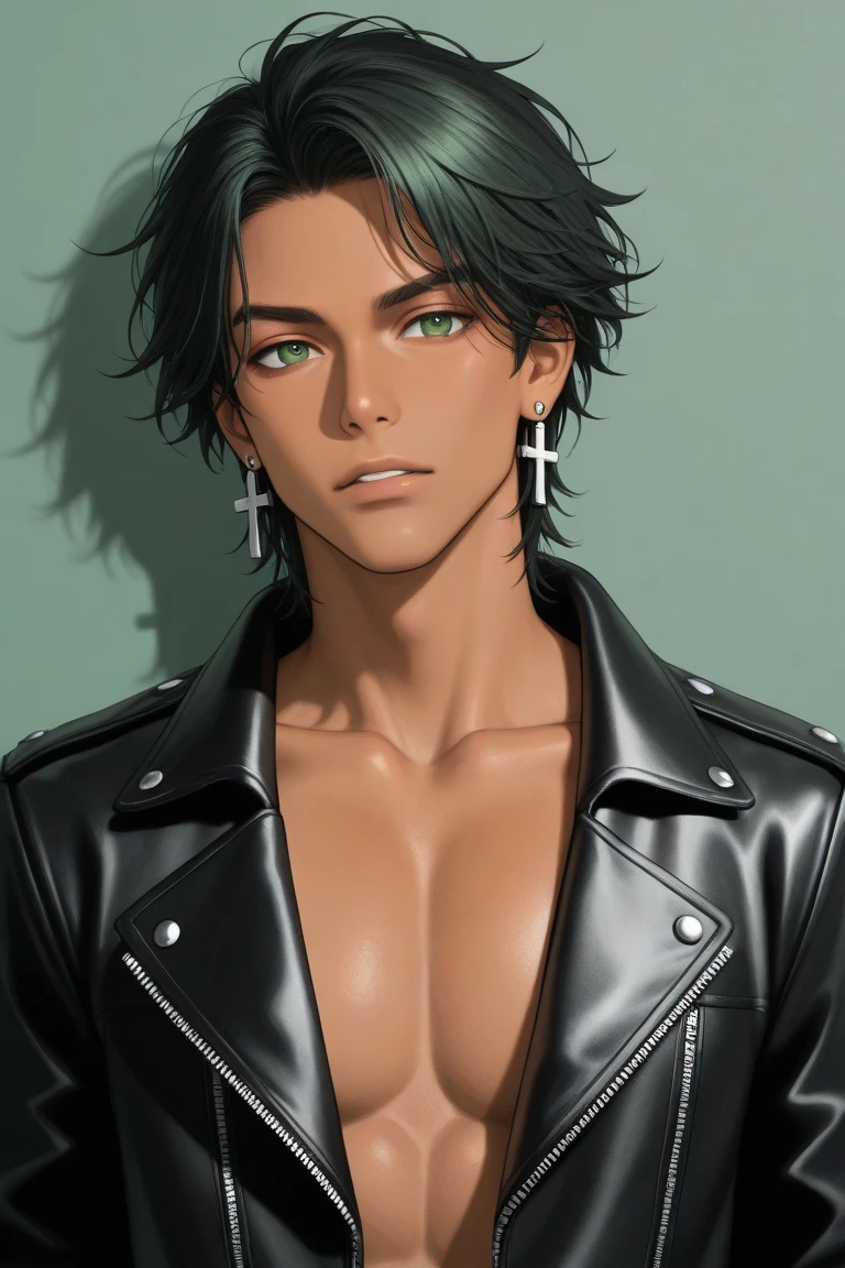 A 25-year-old Italian boy .  Lightly tanned .  Deep green eyes with a flirty sheen .  marked jaw.  high and defined cheekbones .  Long wavy black hair and a little messy.  wears rocker clothing with chains ,  Leather jackets ,  without a shirt and cross-shaped earrings .