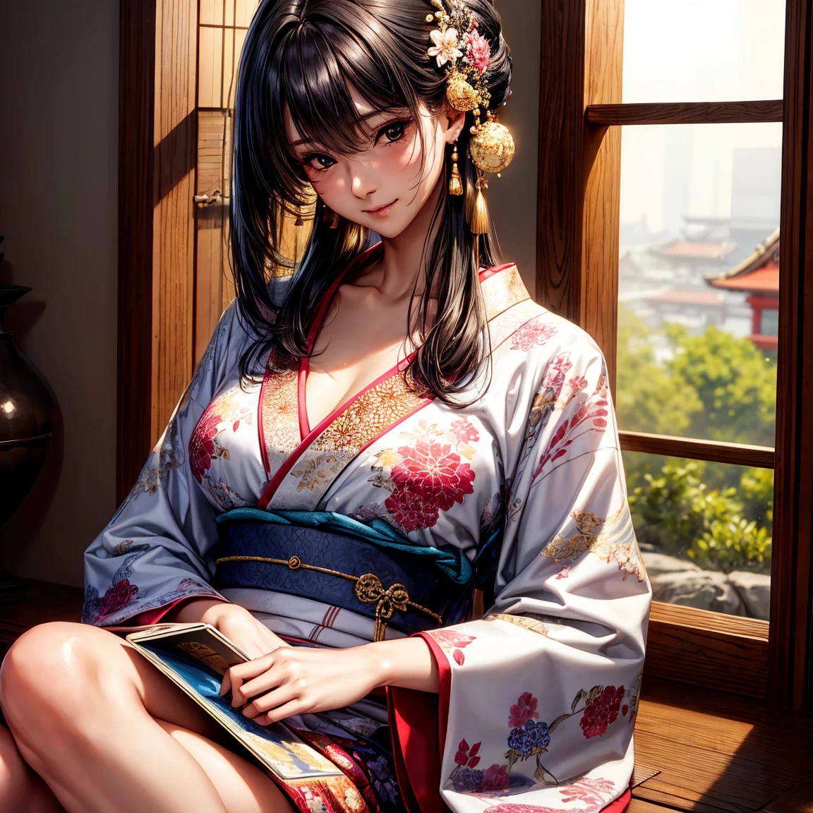 Have a look at this、Narrow Japanese-style room、Wooden plank wall、sit on tatami、Shiny kimono、Beautiful 30 year old woman、The wall is close、足を折り曲げてsit on tatami、Smiling Kindly、There is a teacup on the table.、There is a Japanese sword、The thighs are exposed、Cute、smile、There is a teacup on the table.