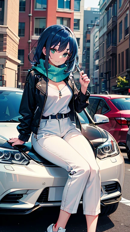 anime style, a female character drawn with a vibrant and colorful artistic approach. She is perched on the hood of a luxury car, which is located on a city street, indicating movement or pause in the dynamic urban environment. 

Details of the character include her long hair, her large and expressive eyes, colored a light blue-green, she has an exaggerated smile, which adds to her lively and enthusiastic attitude. 

She is wearing casual yet fashionable clothing. Her top is a black zip-up jacket, and she is wearing white trousers. Her footwear consists of white sneakers, which give a sporty, yet elegant feel to her outfit. An accessory that looks like a scarf or clothing, is draped around her neck, which adds a pop of color and contrast to her dark jacket. 

The character is positioned on the hood of the car, her hands placed on either side, which indicates a sense of balance and calm.