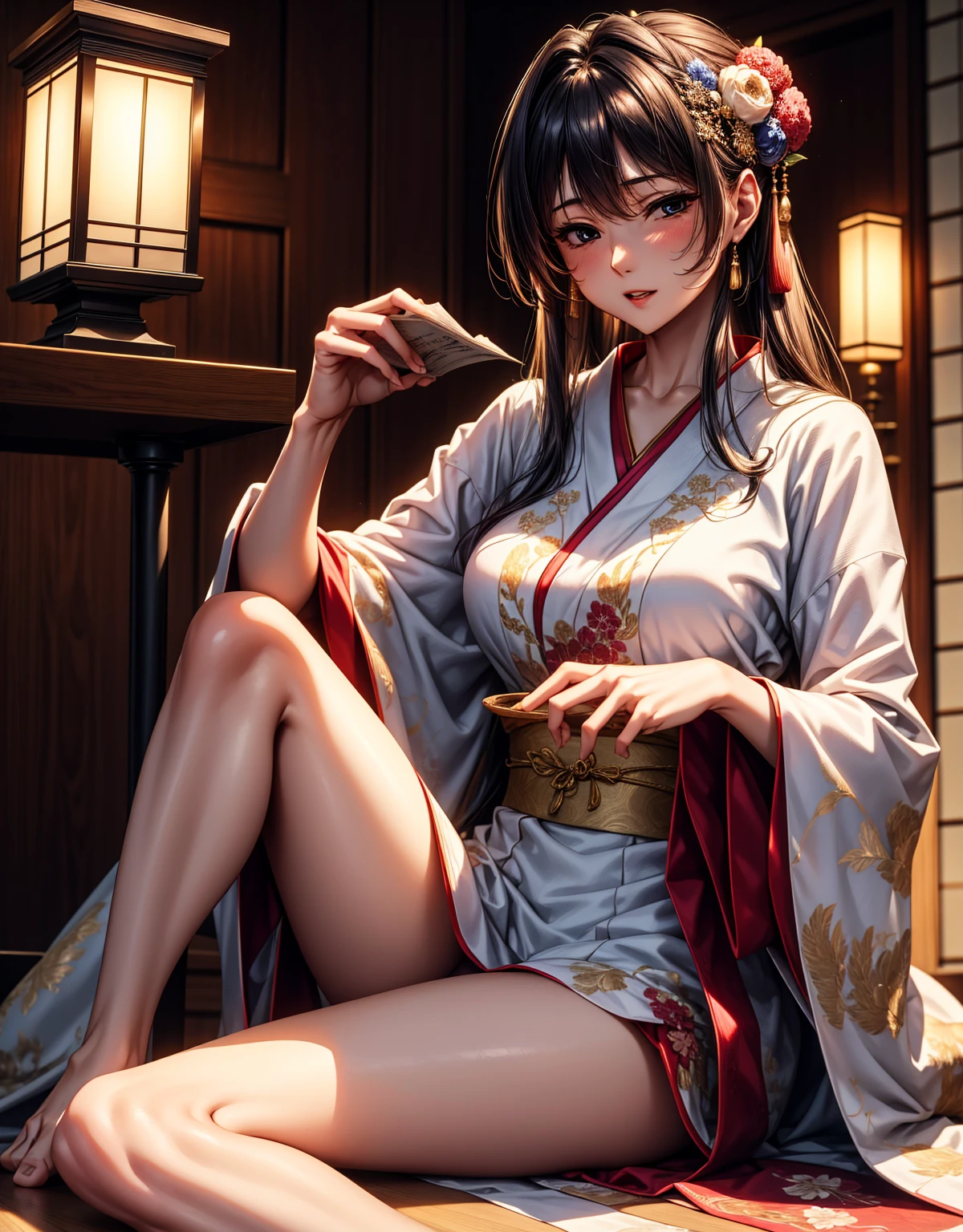 best quality :1.5 greatest masterpieces :1. 5 in an elegant home、 wearing embroidered silk nightgown、 Japanese woman quietly enjoying reading。
8k、