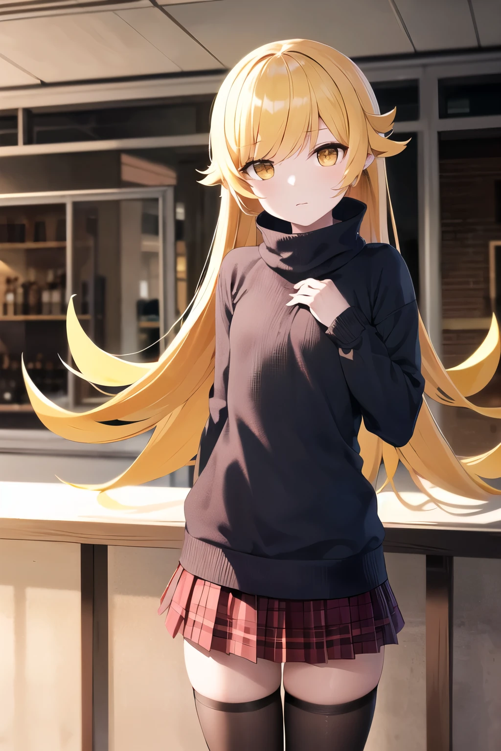 masterpiece, Highest quality, High resolution, (oshino shinobu), petite, Dilapidated, Long Hair, Pointed Ears, (flat chest), (black sweater), (red tartan pleated skirt), (pleated skirt is Ultra miniskirt), Fishnet tights, Expressionless, Are standing, Cowboy Shot, Remains, indoor,