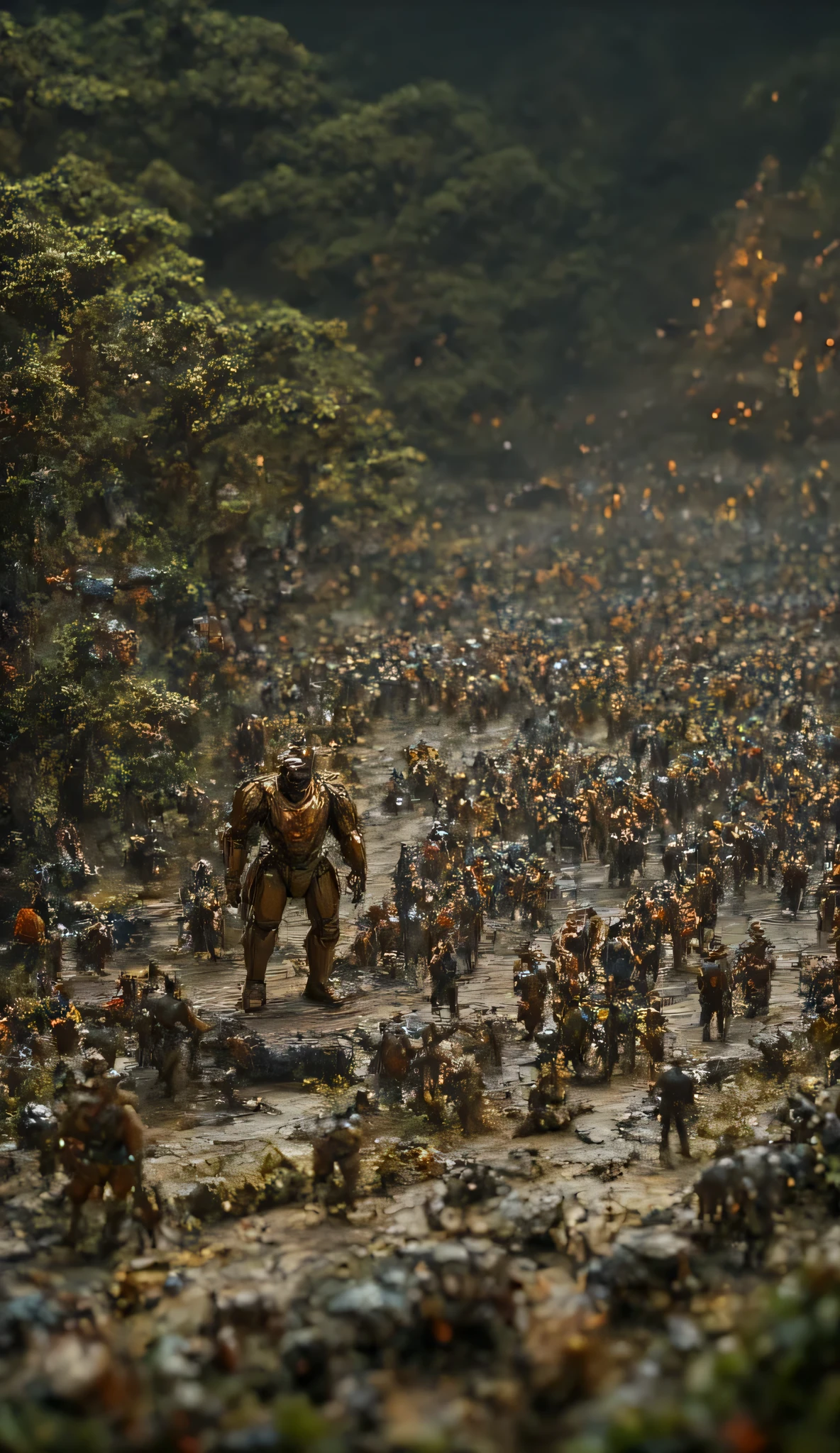Create an epic, hyper-realistic, and cinematic miniature scene featuring two main characters in a wide-angle view:

1. **Character 1**: A majestic 8-foot-tall hybrid tiger standing upright like a human. The tiger looks imposing and muscular, wearing a futuristic cyborg military suit with intricate details. The suit features a prominent Malaysian flag emblem on the chest. The tiger is equipped with army cargo pants, military boots, and a high-tech sniper rifle, exuding a sense of precision and power.

2. **Character 2**: A human soldier fully outfitted in a detailed cyborg military suit, mirroring the tiger's futuristic aesthetic. This character also has the Malaysian flag emblem on their suit. They are armed with advanced weaponry, blending seamlessly into the high-tech, military-themed environment.

**Scene Description**: The two characters are crouched behind a war barricade, showcasing their stealth and readiness. Behind them, a squad of human soldiers from the same nation is engaged in a fierce battle against unseen enemies. The background highlights a lush tropical climate with dense foliage, creating a striking contrast to the military action.

**Artistic Focus**:
- Use a wide-angle camera perspective to capture the grandeur of the scene.
- Emphasize hyper-realistic details and textures, showcasing the characters, their suits, and the environment.
- Include dynamic lighting and dramatic tones to enhance the epic and cinematic feel.
- Present the entire composition as a meticulously crafted miniature model, highlighting the intricacy and artistry of the scene.

