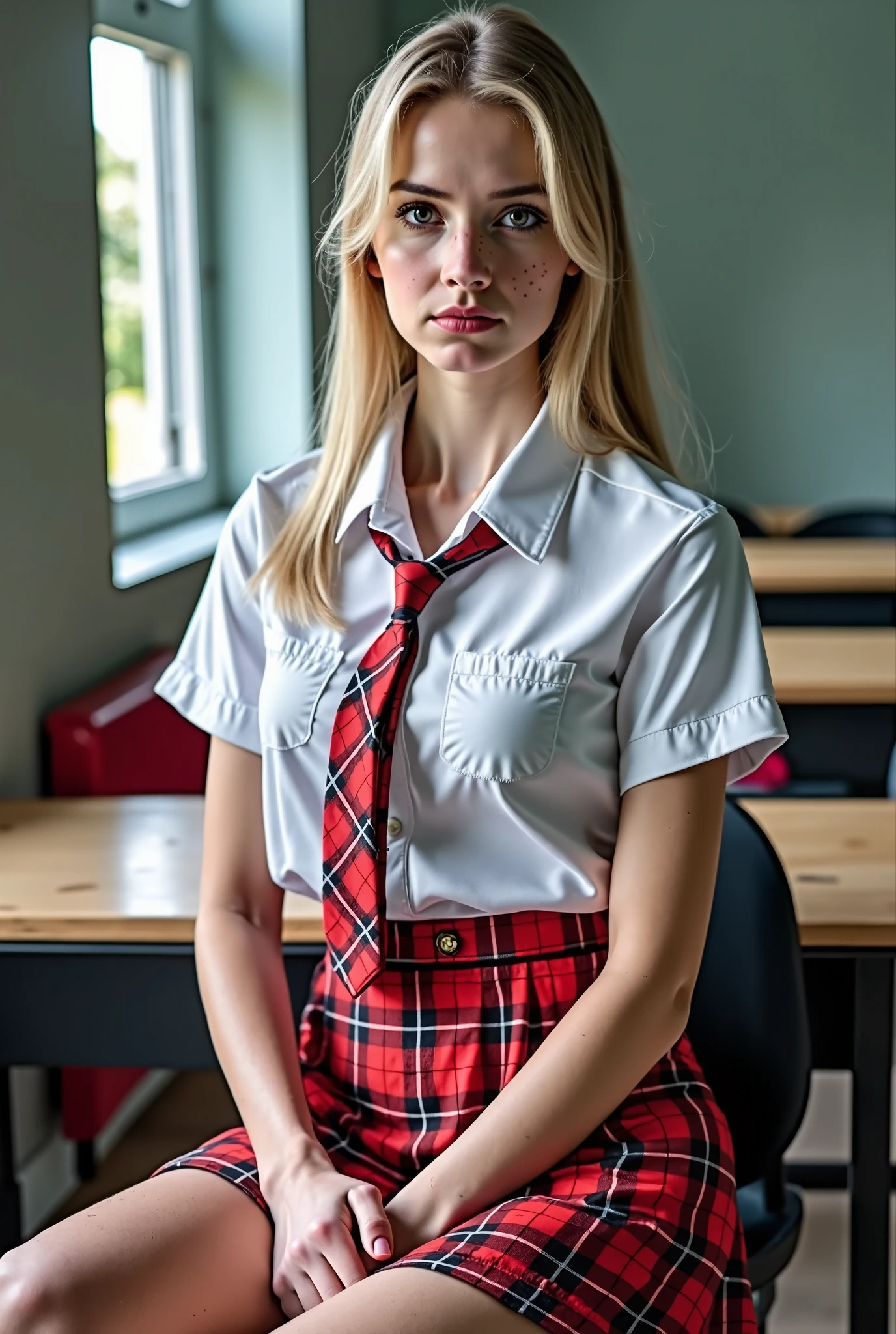 Best quality,Ultra-detailed,finedetail,A high resolution,8K,((Photorealsitic:1.4,RAW photography,A high resolution,Top image quality:1.4)), Best quality、 ultra - detailed、A high resolution、8K wallpapers、Perfect dynamic composition, blonde hair, woman, 16 years old, tiny breasts, skinny arms, slim body, skinny girl, skinny hips, freckles, narrow torso, slim torso, Beautiful detailed eyes、 Blue blazer, (Student clothes), (white shirt), (red necktie), ((red plaid school skirt:1.5)), a beauty girl,(High school students), blond hair, (The blonde), Cover your left eye with your hair, smile,sitted,Full body like,stocklings