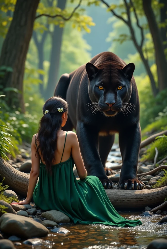 A jungle woman wearing a green long dress like the leaves color with long black hair deco with little tiny white flower sitting next to a standing huge shiny black panther with its eyes glowing in yellow color. Its fur looks shiny and beautiful looking to the viewers. Flowing small river with big and small stones paling yhe river next to the them, forest with big trees and dead branch on the ground As background. 