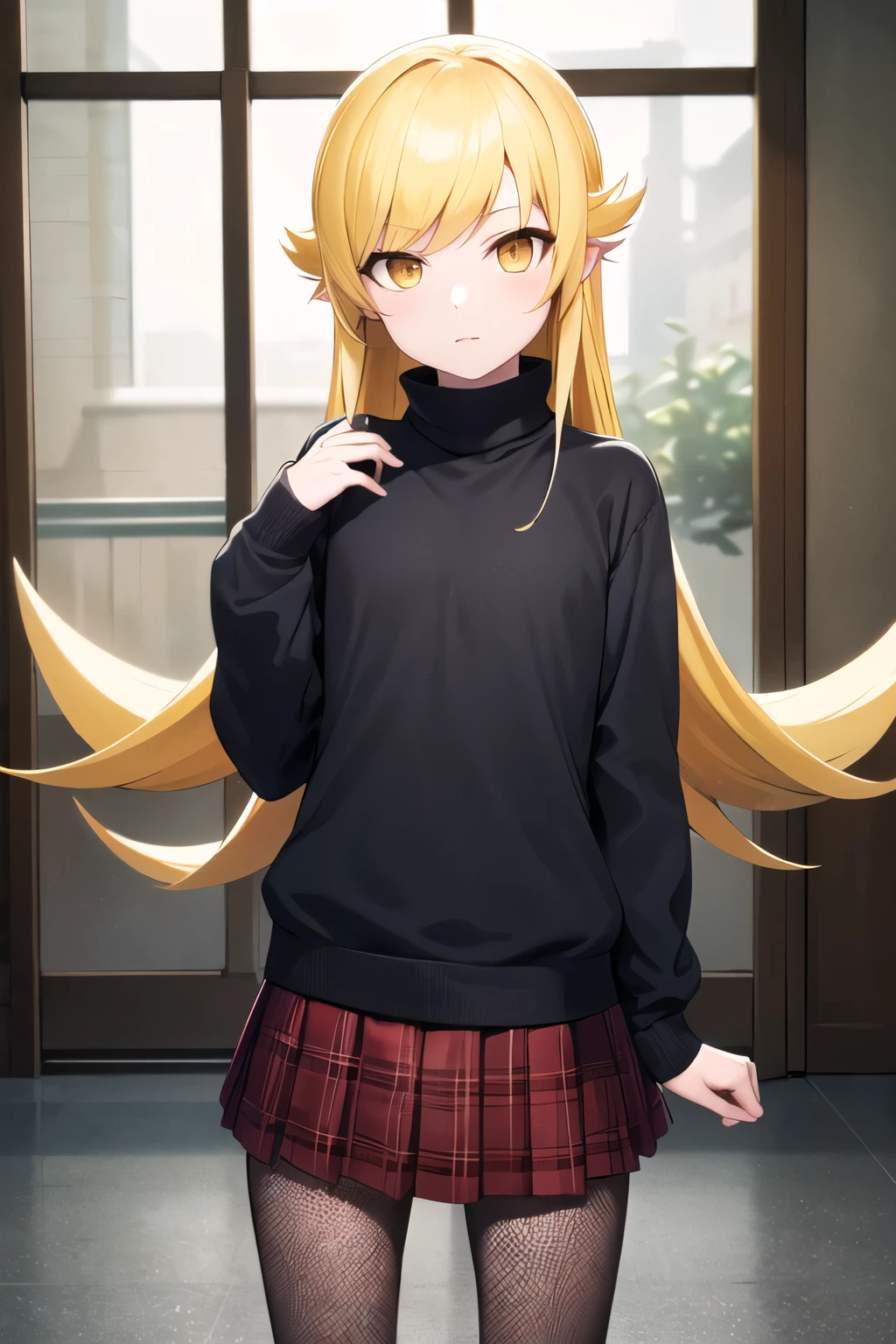 masterpiece, Highest quality, High resolution, (oshino shinobu), ite, Dilapidated, Long Hair, Pointed Ears, (flat chest), (black sweater), (red tartan pleated skirt), (pleated skirt is Ultra miniskirt), Fishnet tights, Expressionless, Are standing, Cowboy Shot, Remains, indoor,