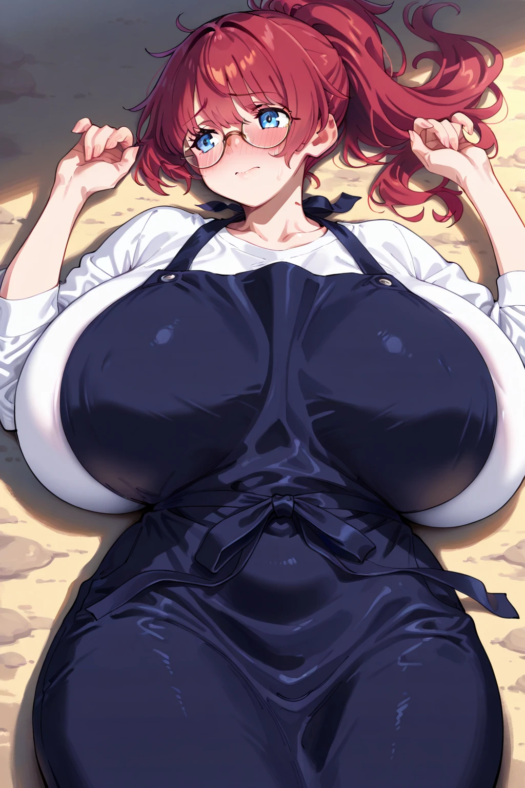 high detailed,high quality, masterpiece, no text, quality highlights, (masterpiece, best quality,very aesthetic), 
 1girl , masterpiece, beautiful, lovely ,(huge breast:1.2), Healthy Skin , Drunk expression red,round glasses, only dark blue apron,(Chest swelling :1.2),Single, Red Ponytail Hair,Standing on the creek ,